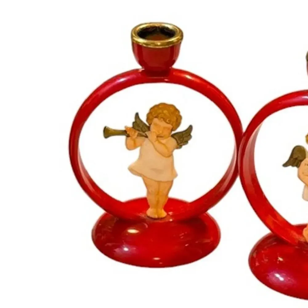 Vintage West German Celluloid Angel Candle Holders Set 5 Red Christmas Choir